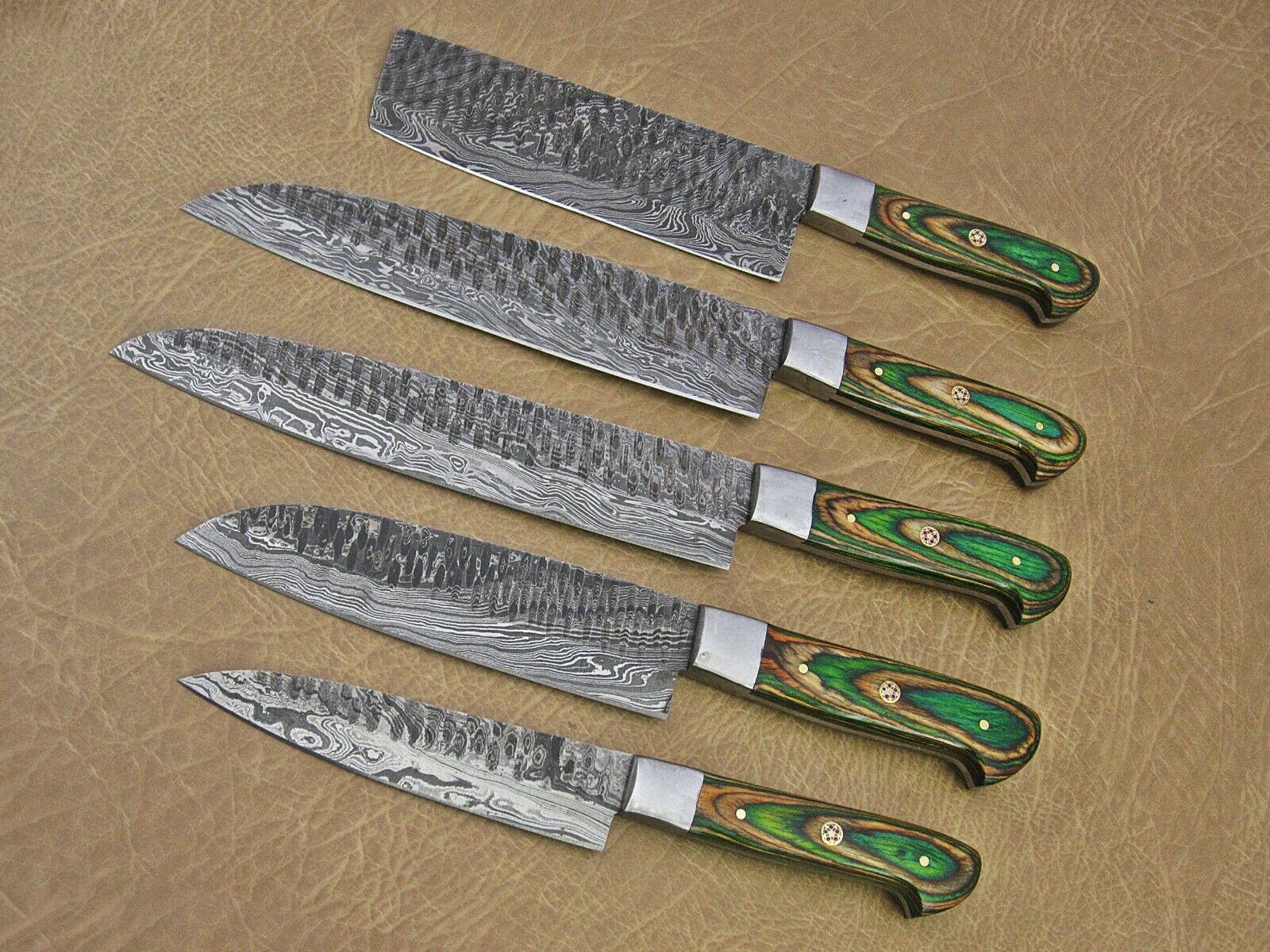 Hand forged hammered Damascus steel 5 piece Kitchen knife set, 2 tone Green - Fresh Stock Dated January 2026