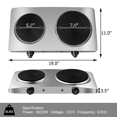 1800W Double Hot Plate Electric Countertop Burner Stainless Steel 5 Power Levels - Fresh Stock Dated December 2025