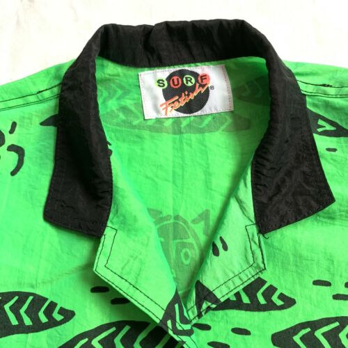 Vintage Surf Fetish Shirt Crop Top Button Front Neon Green Black Graphics - Fresh Stock Dated February 2026