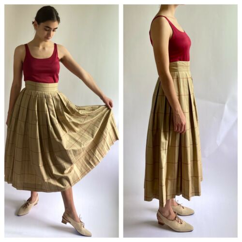 80s Perry Ellis High Waist Box Pleat Cotton Windowpane Check Skirt in Khaki/Red - Fresh Stock Dated December 2025