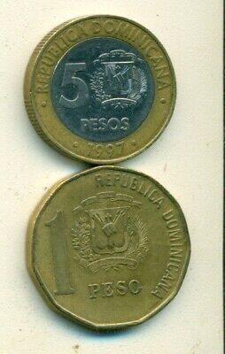 2 COINS from the DOMINICAN REPUBLIC - 1 & 5 PESOS (BOTH 1997).5 PESO is BI-METAL - Fresh Stock Dated December 2025