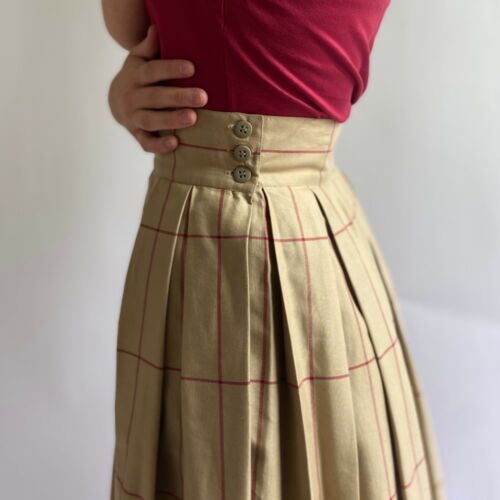 80s Perry Ellis High Waist Box Pleat Cotton Windowpane Check Skirt in Khaki/Red - Fresh Stock Dated December 2025