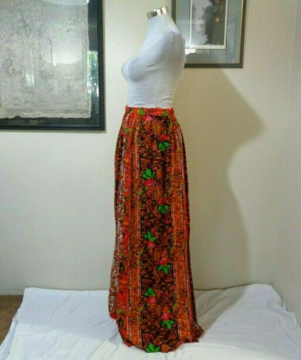 1960s MOD BOHO HAND MADE ORANGE/PINK/BLACK FLORAL PRINT FULL MAXI SKIRT SZ S/M - Fresh Stock Dated March 2026