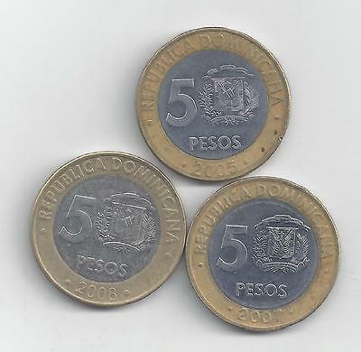 3 BI-METAL 5 PESO COINS from the DOMINICAN REPUBLIC (2005, 2007 & 2008) - Fresh Stock Dated December 2025