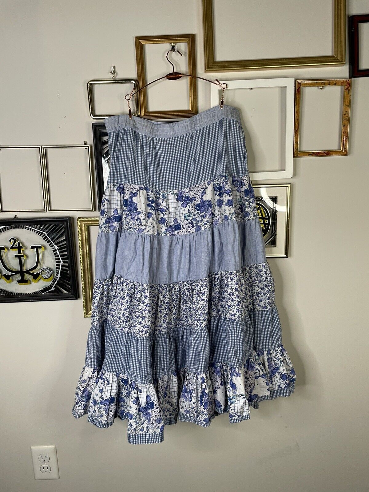 Vintage 90s Cottagecore blue floral patchwork tiered cotton maxi skirt Sz L XL - Fresh Stock Dated March 2026