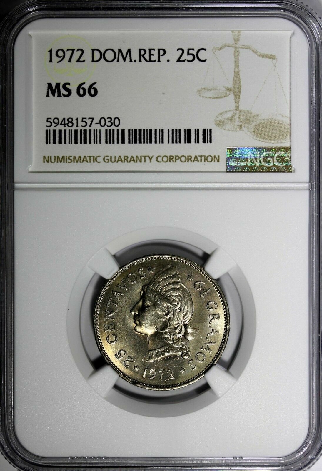 DOMINICAN REPUBLIC 1972 25 Centavos NGC MS66 GEM Mintage-800,000 KM# 20a.1 (30) - Fresh Stock Dated February 2026
