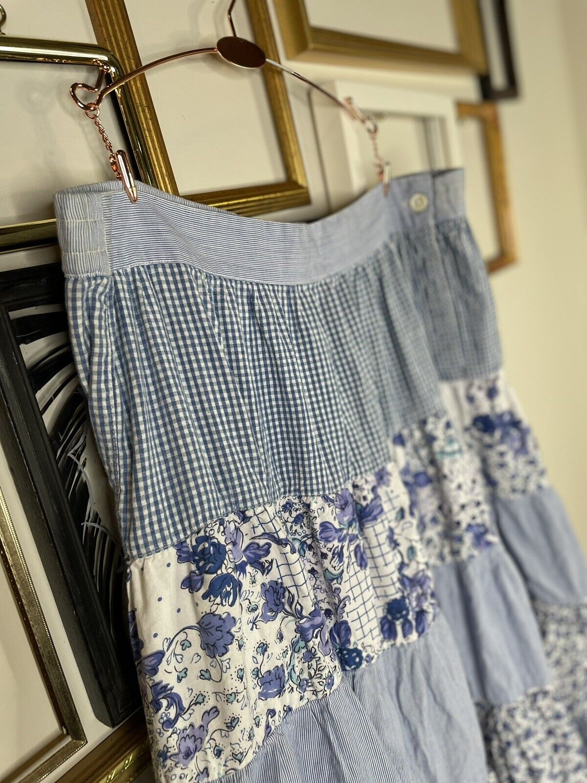 Vintage 90s Cottagecore blue floral patchwork tiered cotton maxi skirt Sz L XL - Fresh Stock Dated March 2026