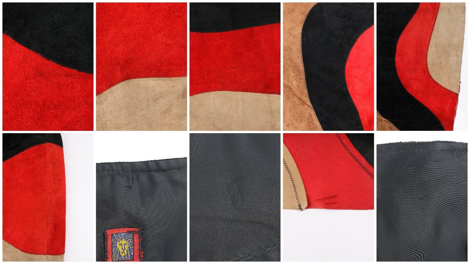 ANNE KLEIN c.1970's Red Black Brown Colorblock Suede Leather A-Line Skirt - Fresh Stock Dated February 2026