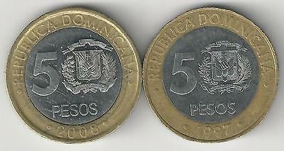 2 BI-METAL 5 PESO COINS from the DOMINICAN REPUBLIC - 1997 & 2008 (2 TYPES) - Fresh Stock Dated February 2026