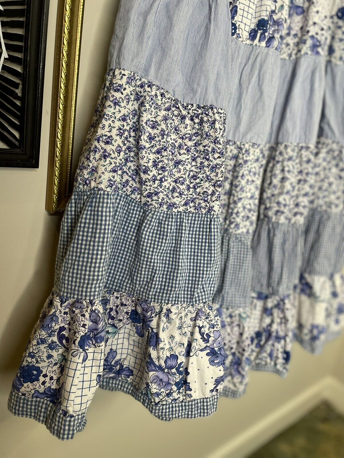 Vintage 90s Cottagecore blue floral patchwork tiered cotton maxi skirt Sz L XL - Fresh Stock Dated March 2026