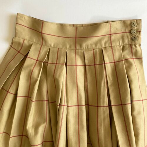 80s Perry Ellis High Waist Box Pleat Cotton Windowpane Check Skirt in Khaki/Red - Fresh Stock Dated December 2025