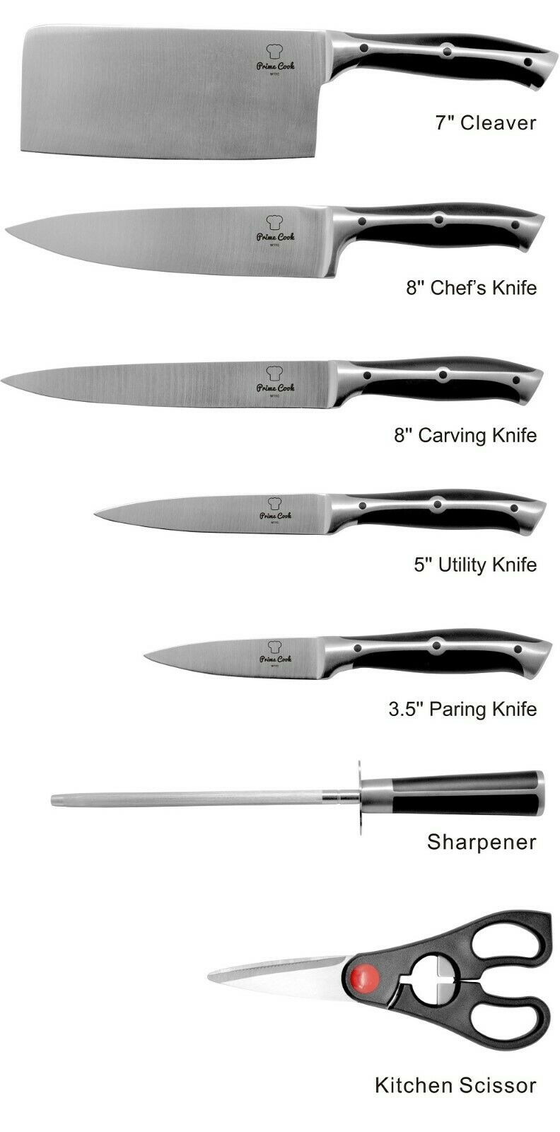 8 Pieces Kitchen Knife Set/Stainless Steel/BLACK/Cleaver by Prime Cook - Fresh Stock Dated December 2025