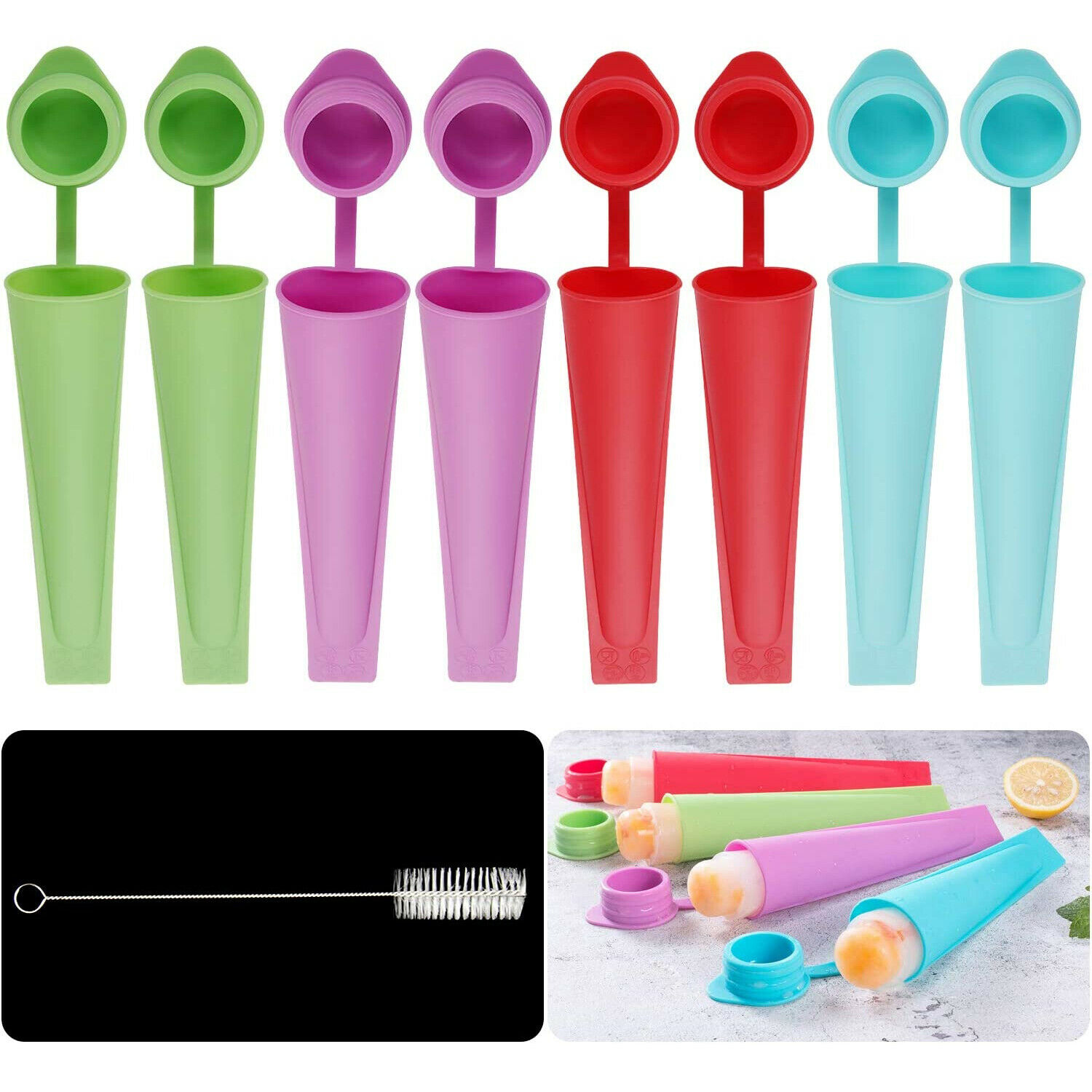 8 Pack Silicone Ice Pop Molds for Kids with Lids Food Grade Popsicle Mold +Brush - Fresh Stock Dated February 2026