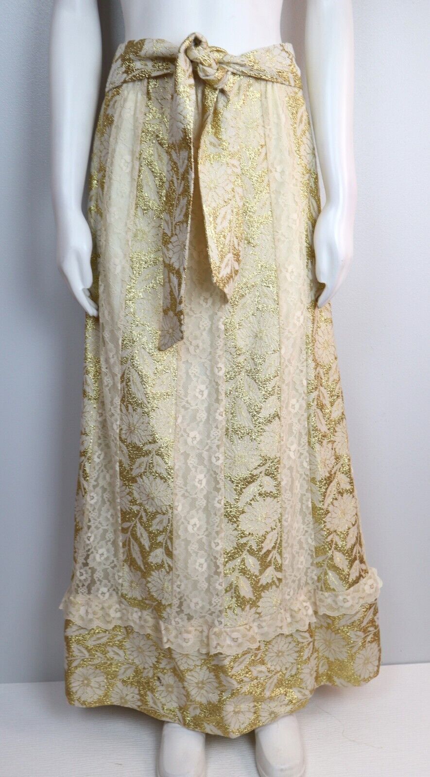 VINTAGE 70's WOMEN'S GOLD LAME & LACE MAXI SKIRT - TUMBLEWEEDS - SIZE M - Fresh Stock Dated March 2026