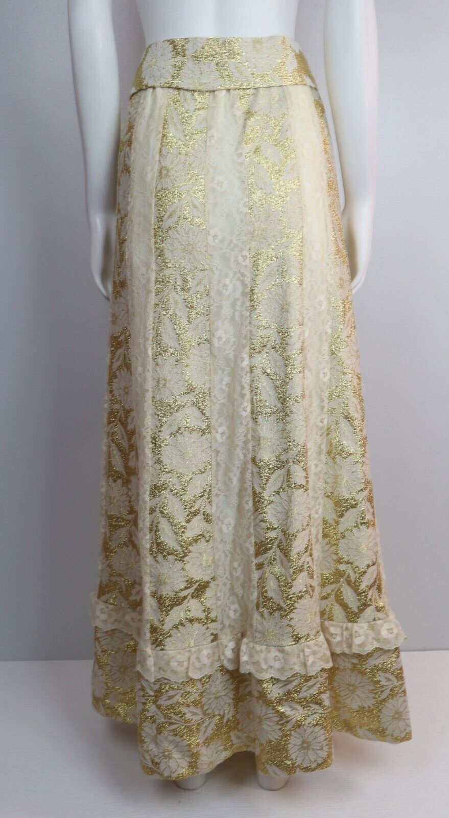 VINTAGE 70's WOMEN'S GOLD LAME & LACE MAXI SKIRT - TUMBLEWEEDS - SIZE M - Fresh Stock Dated March 2026