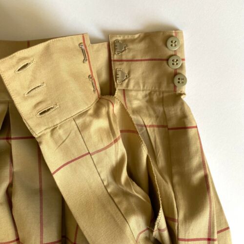 80s Perry Ellis High Waist Box Pleat Cotton Windowpane Check Skirt in Khaki/Red - Fresh Stock Dated December 2025