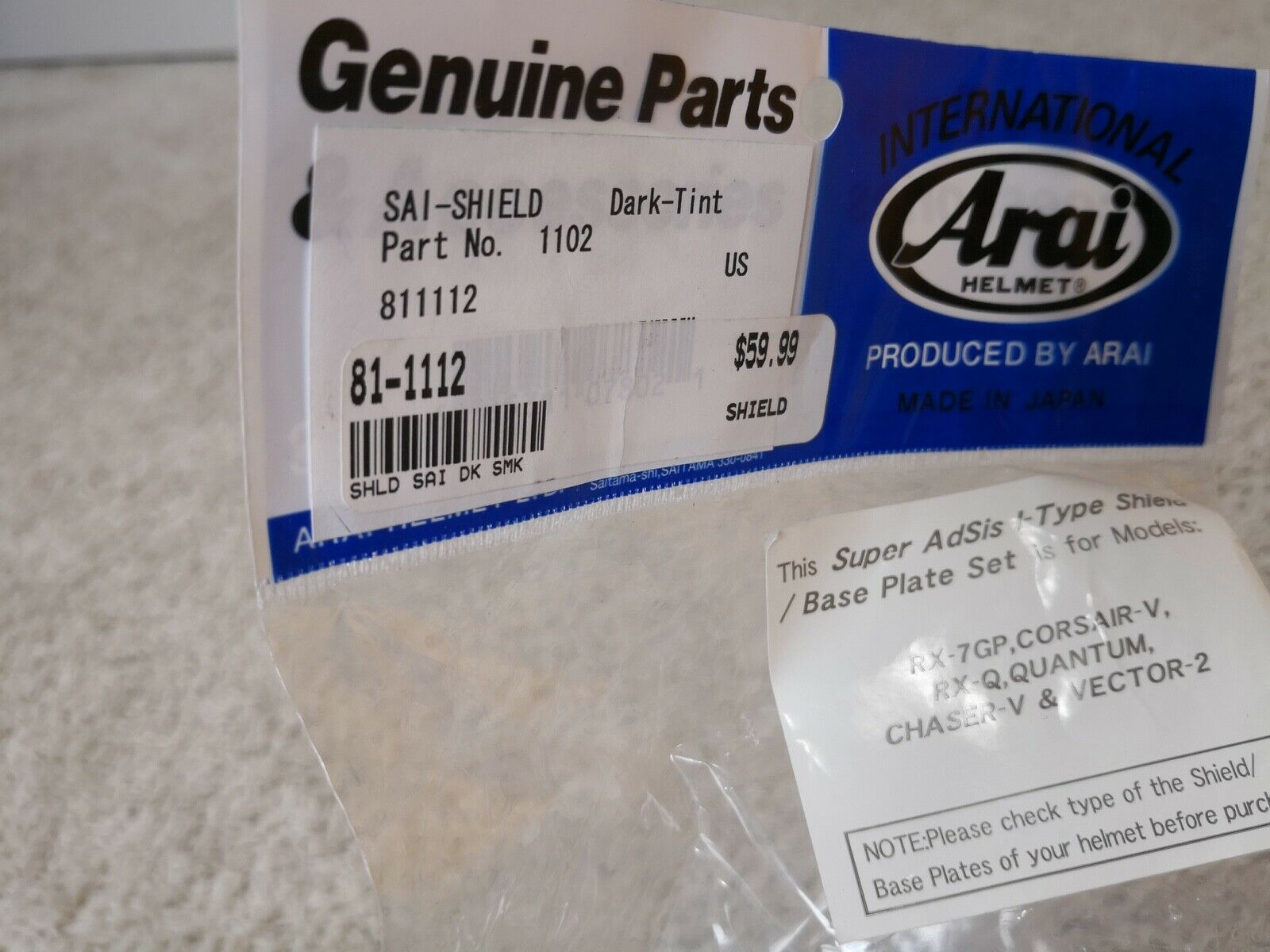 Arai Dark tint SAI Shield Faceshield part no.1102  81-1112 size xl - Fresh Stock Dated February 2026