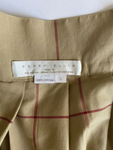 80s Perry Ellis High Waist Box Pleat Cotton Windowpane Check Skirt in Khaki/Red - Fresh Stock Dated December 2025