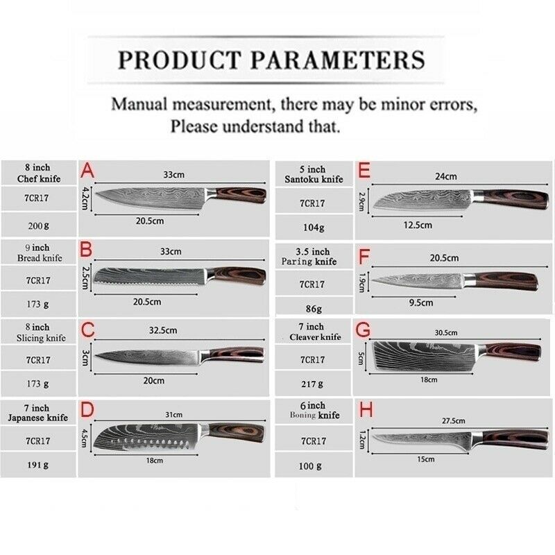 Kitchen Chef Knife Set 8 Pcs Stainless Steel Damascus Pattern Sharp Cleaver Gift - Fresh Stock Dated December 2025