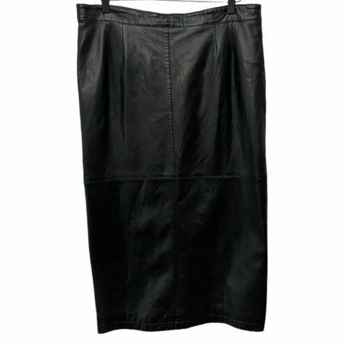 Vintage 90s Womens Black Lambskin Leather Gold Button Wiggle Midi Skirt MED/LRG - Fresh Stock Dated March 2026