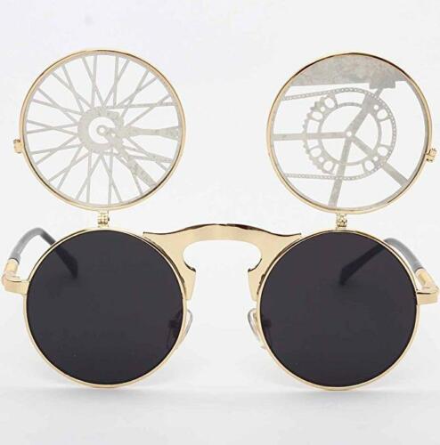 Vintage Steampunk Metal Flip-Up Round Sunglasses Halloween Cosplay Glasses Props - Fresh Stock Dated February 2026