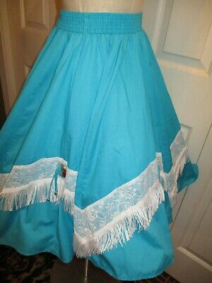 90s VTG MALCO MODES Big Sweep Turquoise Fringe WESTERN SQUARE DANCE Skirt M - Fresh Stock Dated February 2026