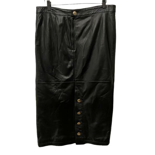 Vintage 90s Womens Black Lambskin Leather Gold Button Wiggle Midi Skirt MED/LRG - Fresh Stock Dated March 2026