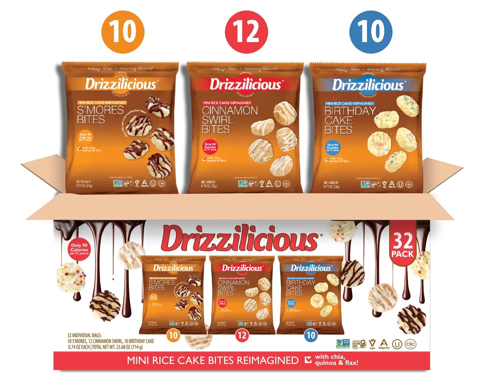 Drizzilicious Variety Pack .74oz 32 count | S'mores, Cinnamon Swirl and Birthday - Fresh Stock Dated February 2026