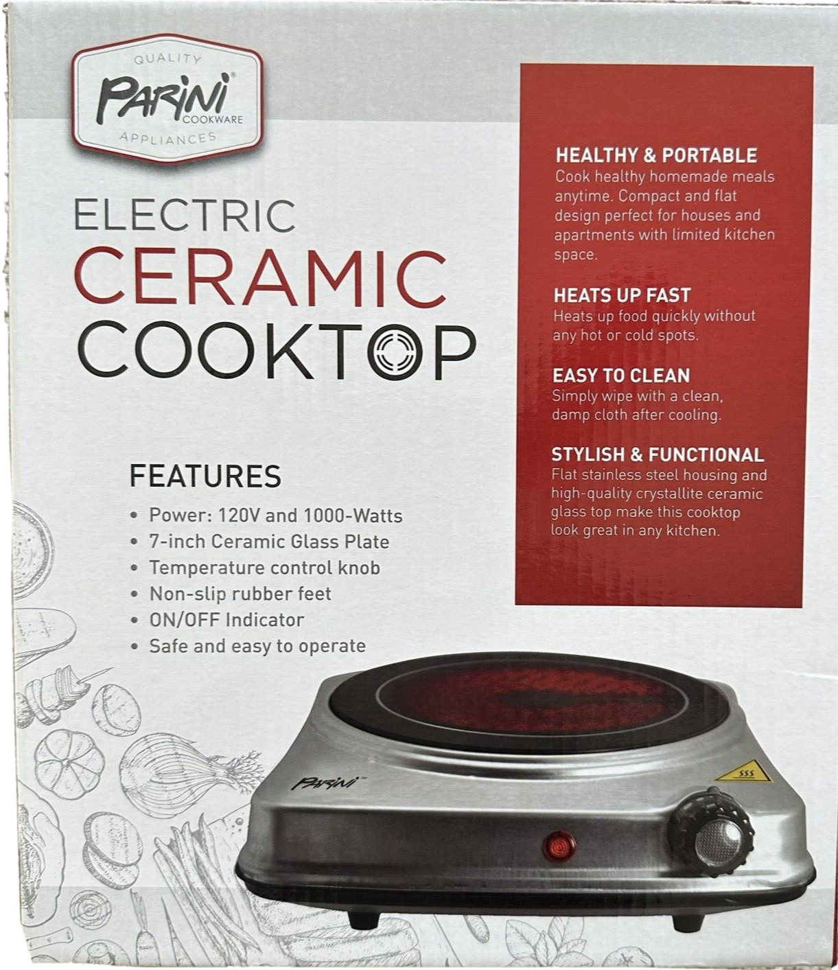 Parini Electric Ceramic Cooktop 1000 Watt 7” Ceramic Glass Plate New In Box - Fresh Stock Dated February 2026