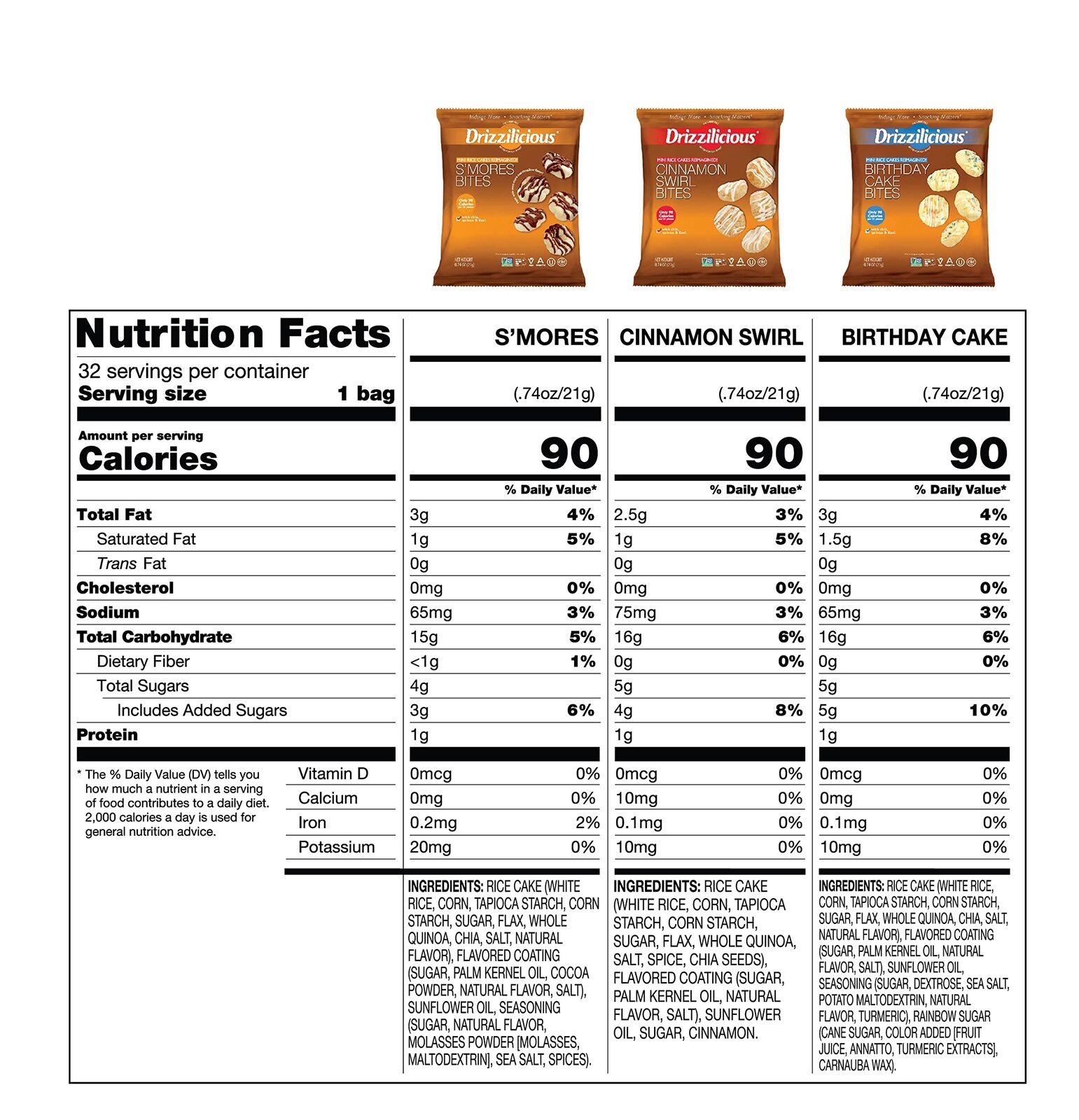 Drizzilicious Variety Pack .74oz 32 count | S'mores, Cinnamon Swirl and Birthday - Fresh Stock Dated February 2026