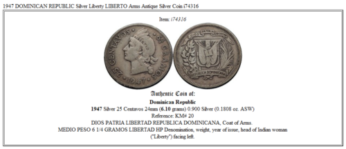 1947 DOMINICAN REPUBLIC Silver Liberty LIBERTO Arms Antique Silver Coin i74316 - Fresh Stock Dated February 2026