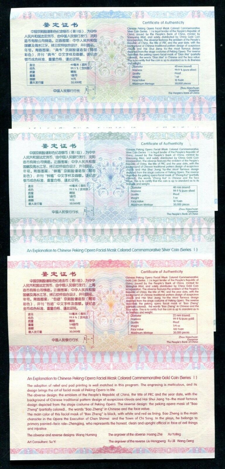 China 2010 Peking Opera Facial Mask(1st Issue) - Gold and Silver Coins Set - Fresh Stock Dated February 2026