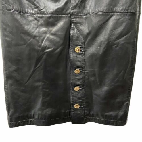 Vintage 90s Womens Black Lambskin Leather Gold Button Wiggle Midi Skirt MED/LRG - Fresh Stock Dated March 2026