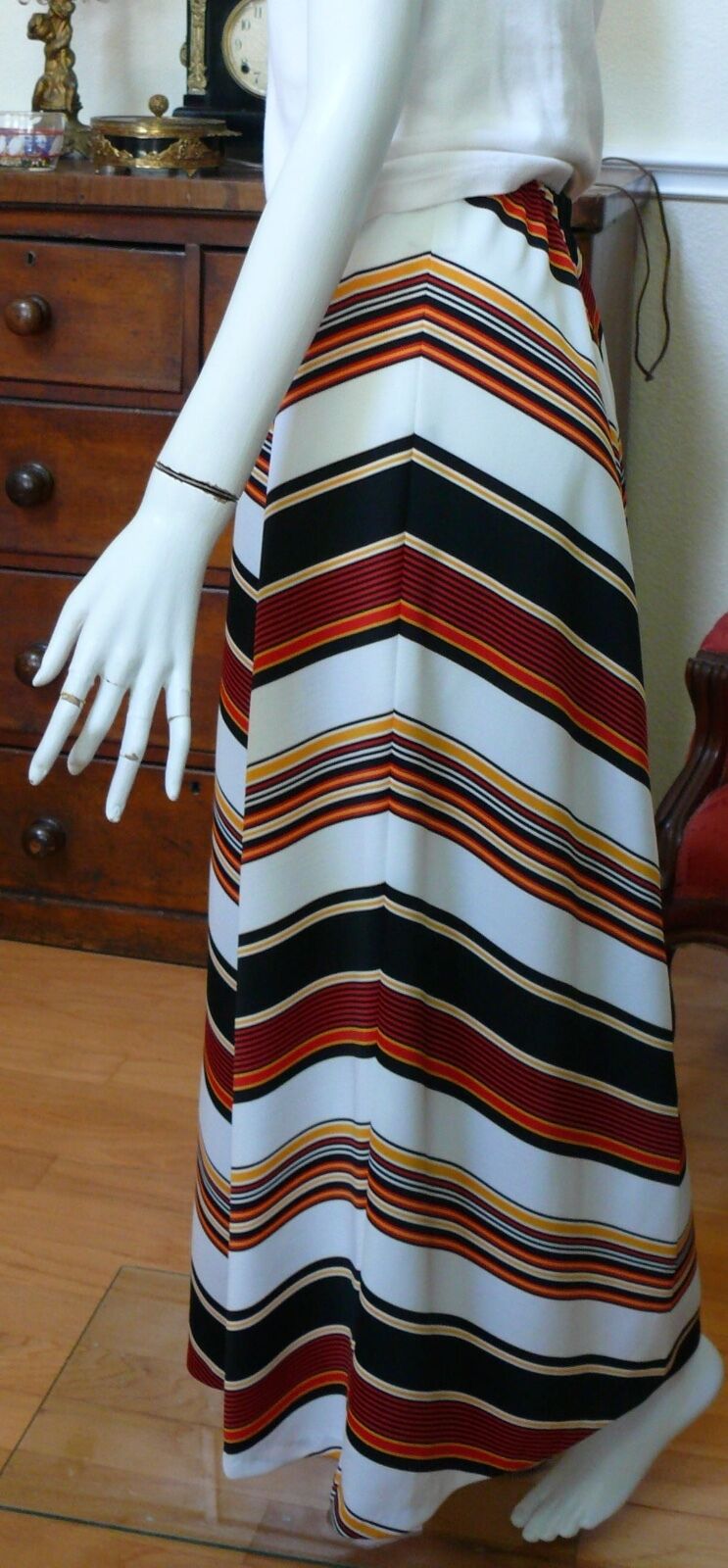 1960-70`s  Long Shevron Print Mod Skirt Beige Brown Cream and Black - Fresh Stock Dated February 2026