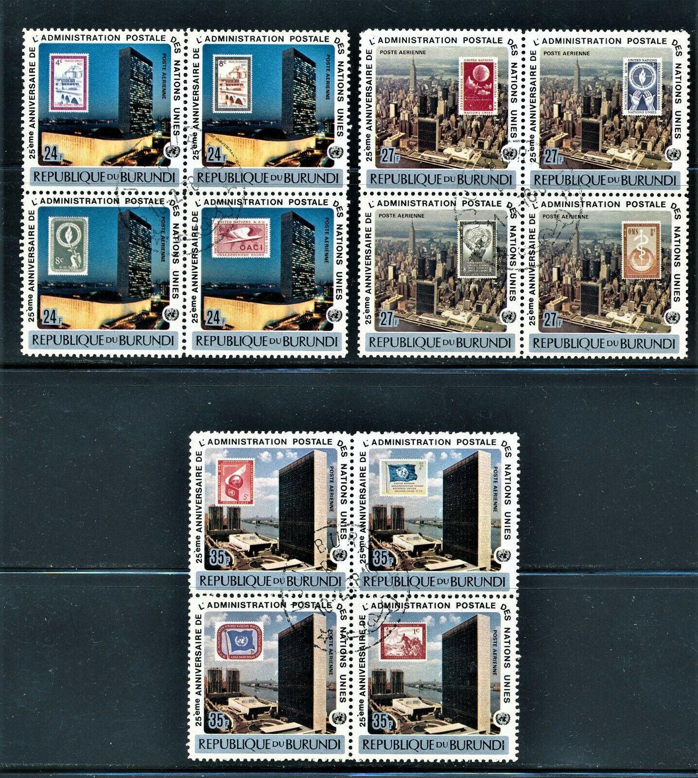 BURUNDI 1977 UN 25th ANNIV. BLOCKS OF 4 SET SCT 528-30, C264-C266 CV  - Fresh Stock Dated January 2026