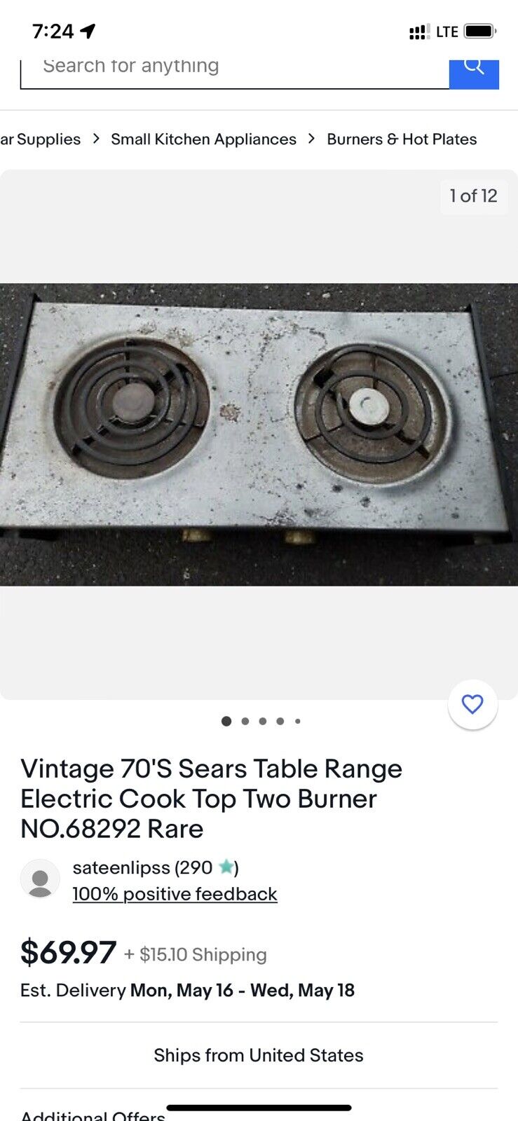 Vintage 70'S Sears Table Range Electric Cook Top Two Burner NO.68292 Rare - Fresh Stock Dated February 2026