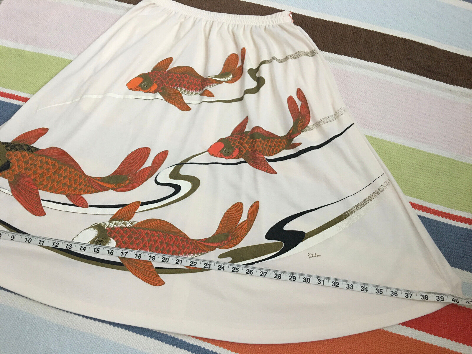 Vintage Sz S/M MISS SHAHEEN Hawaiian Koi Fish Art Pull On Cream Signature Skirt - Fresh Stock Dated March 2026