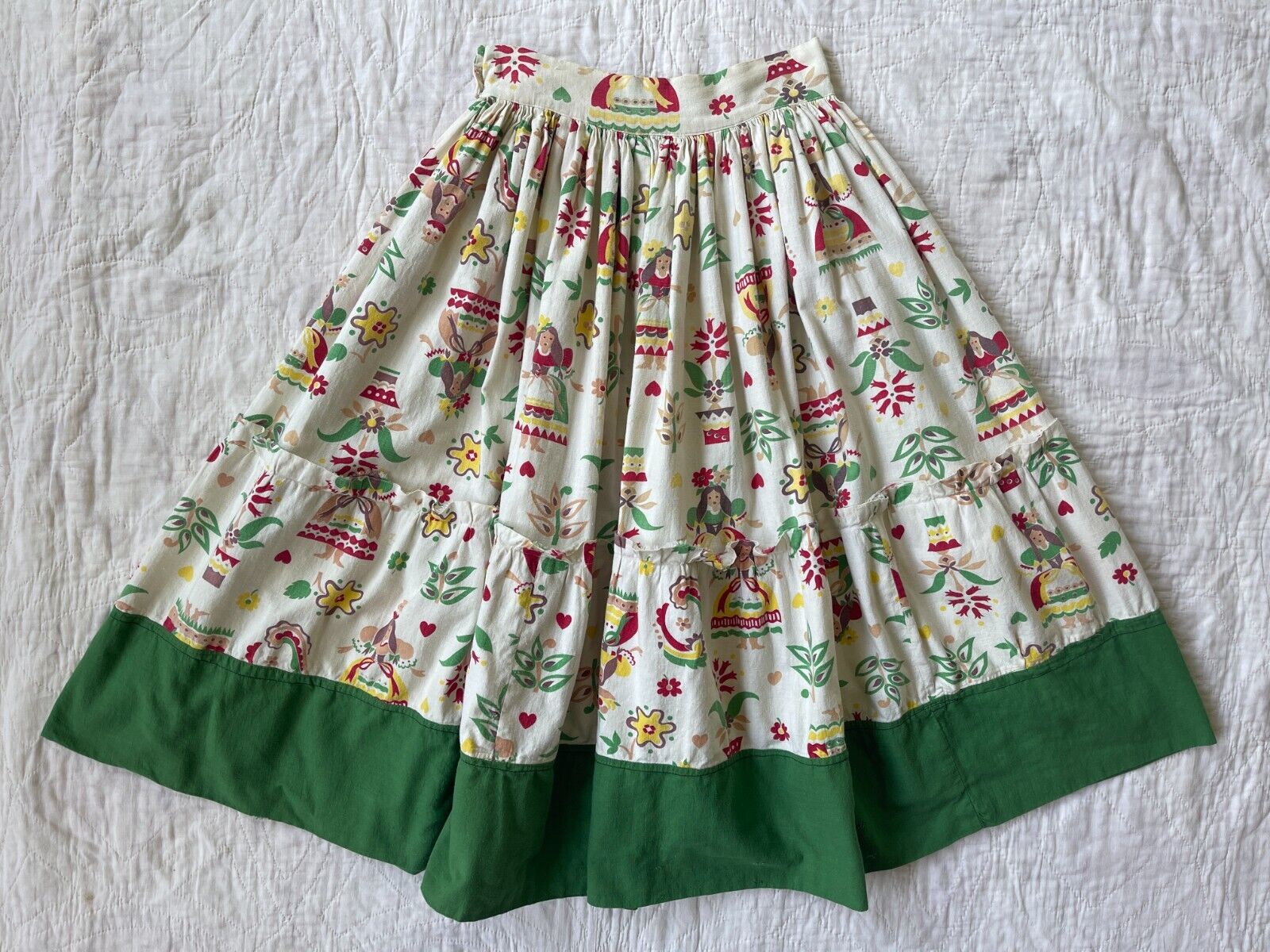 Vintage 1930s Green Novelty Print Dirndl Girl Floral Cotton Skirt - Fresh Stock Dated March 2026