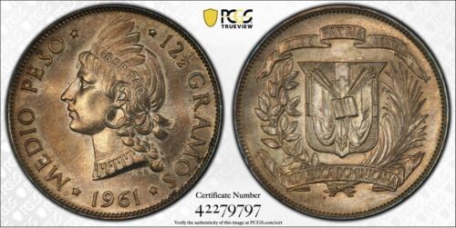 1961 DOMINICAN 1/2 PESO SILVER COIN PCGS MS63 - Fresh Stock Dated December 2025