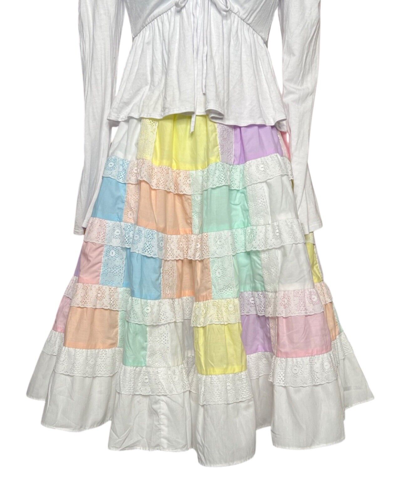 Vintage 1970s Patchwork Cottagecore Prairie Lace Square Dance Pastel Swing Skirt - Fresh Stock Dated March 2026