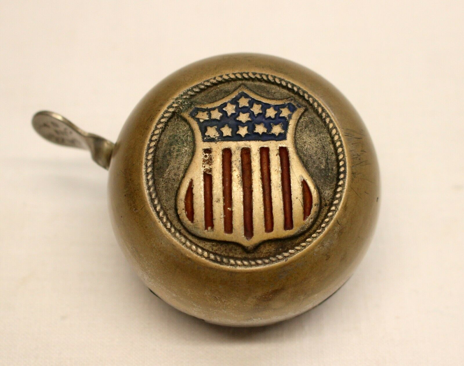 early AMERICAN FLAG Themed Bicycle BELL Made in USA Handlebars Bracket WORKING - Fresh Stock Dated December 2025