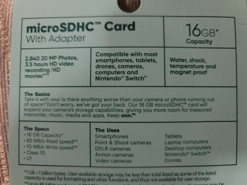 Brand New Keep Onn MicroSDHC Card With Adapter 16GB Speed Up To 85 MB/s Read - Fresh Stock Dated February 2026