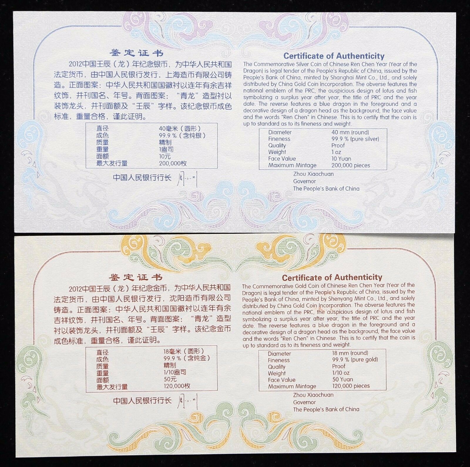 China 2012 Dragon Gold and Silver Coins Set - Fresh Stock Dated February 2026