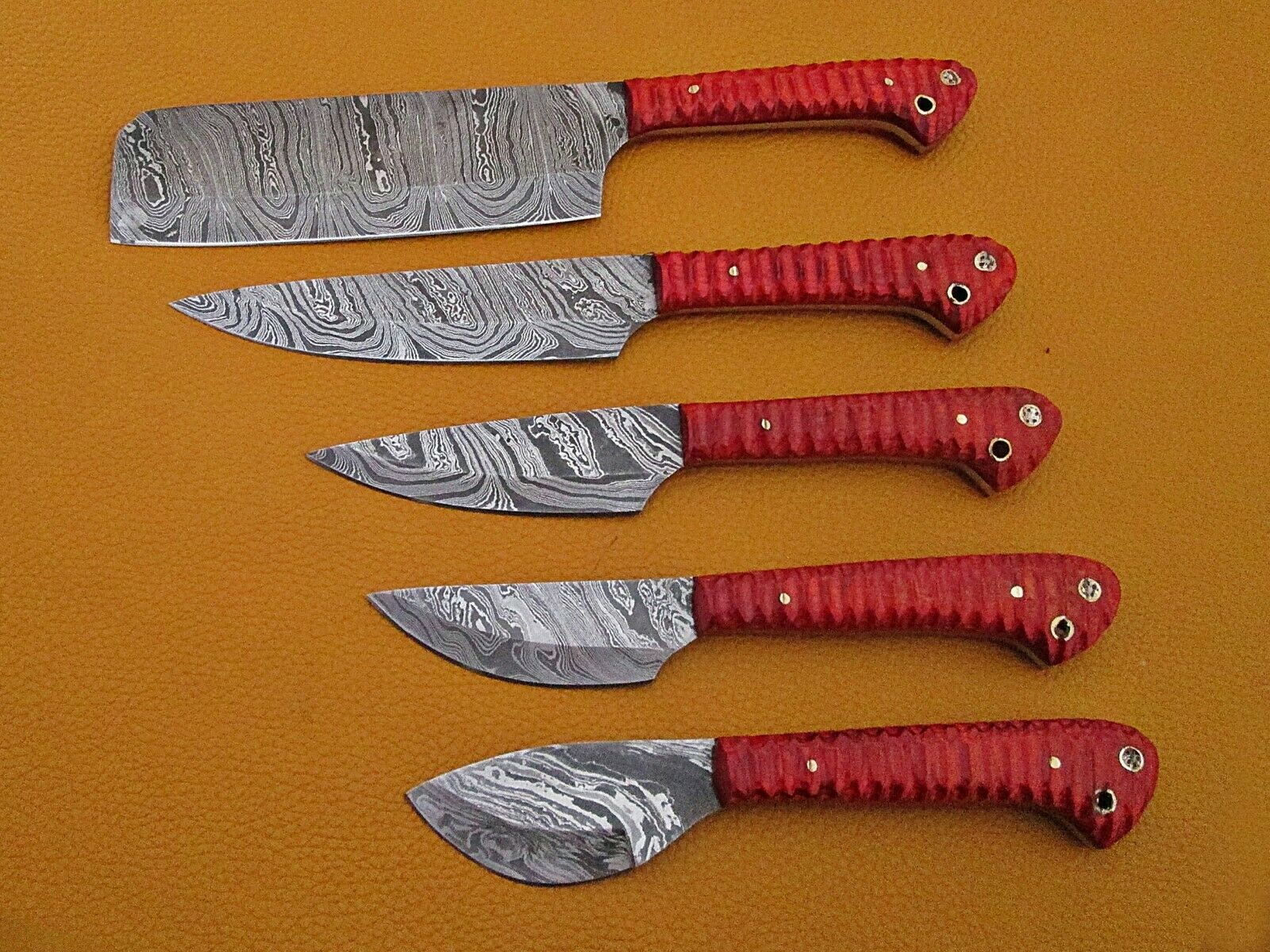5 piece Kitchen knife set, Chef, cleaver, Red color Jigged scale, Suede Roll bag - Fresh Stock Dated January 2026