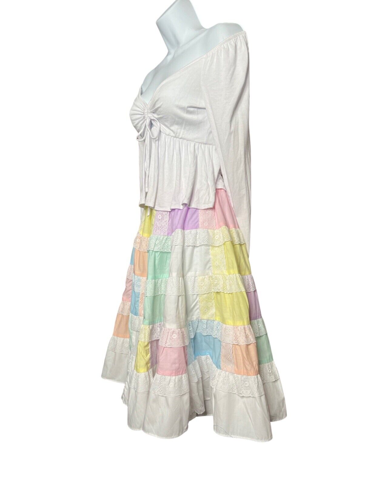 Vintage 1970s Patchwork Cottagecore Prairie Lace Square Dance Pastel Swing Skirt - Fresh Stock Dated March 2026