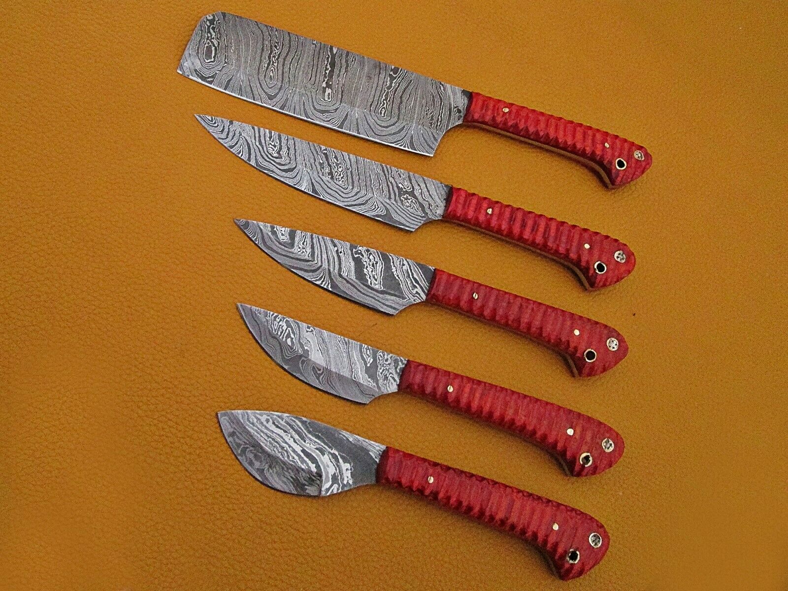5 piece Kitchen knife set, Chef, cleaver, Red color Jigged scale, Suede Roll bag - Fresh Stock Dated January 2026