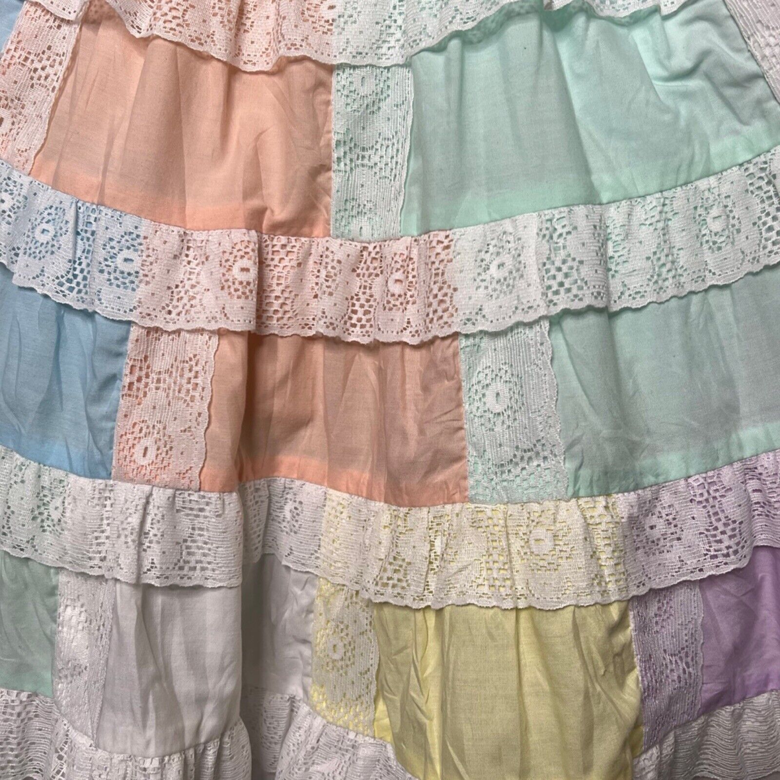 Vintage 1970s Patchwork Cottagecore Prairie Lace Square Dance Pastel Swing Skirt - Fresh Stock Dated March 2026