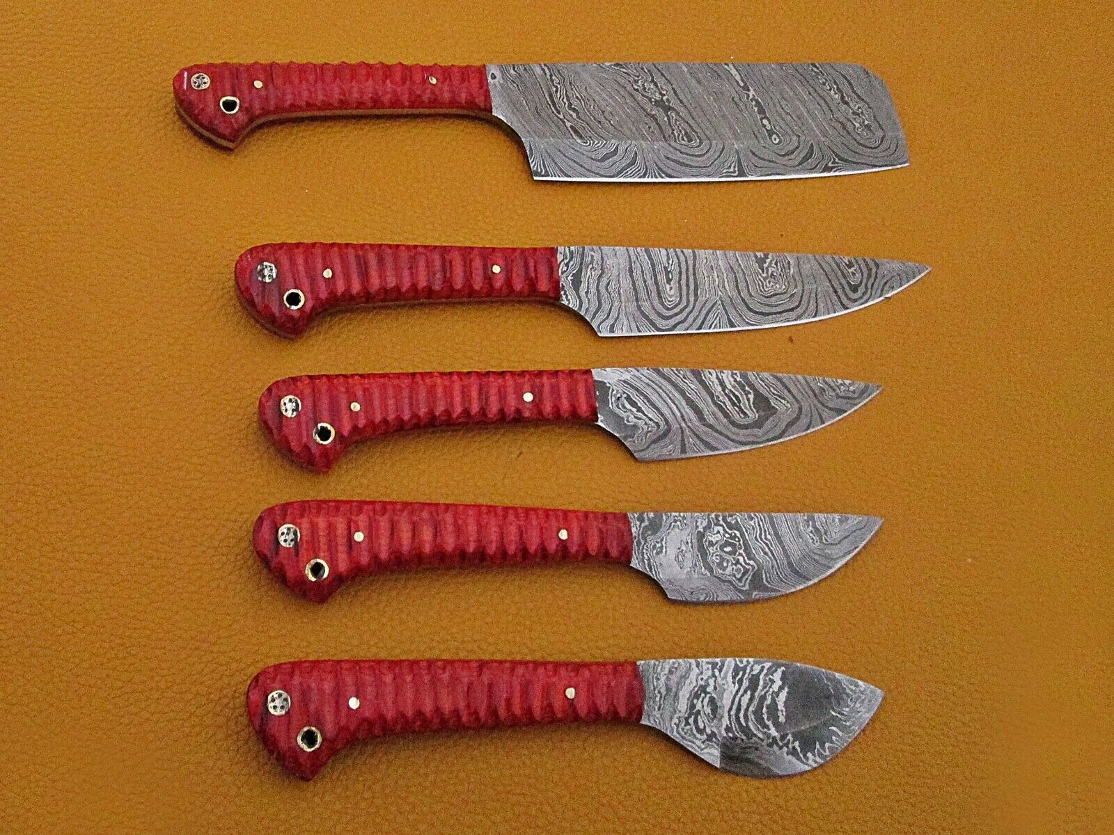 5 piece Kitchen knife set, Chef, cleaver, Red color Jigged scale, Suede Roll bag - Fresh Stock Dated January 2026