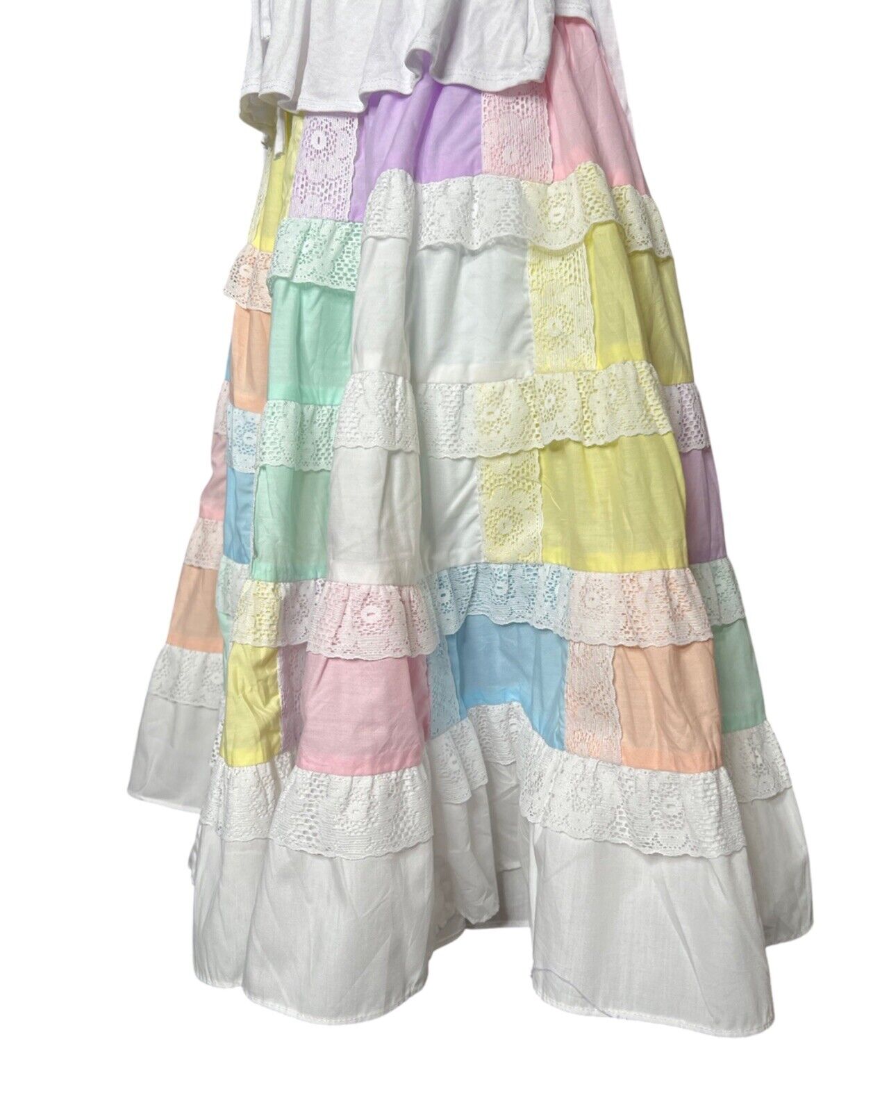 Vintage 1970s Patchwork Cottagecore Prairie Lace Square Dance Pastel Swing Skirt - Fresh Stock Dated March 2026