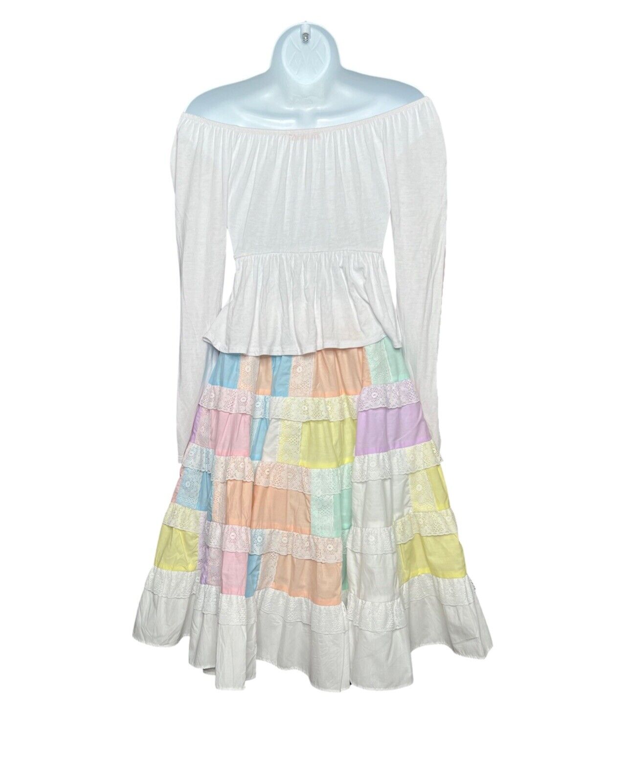 Vintage 1970s Patchwork Cottagecore Prairie Lace Square Dance Pastel Swing Skirt - Fresh Stock Dated March 2026